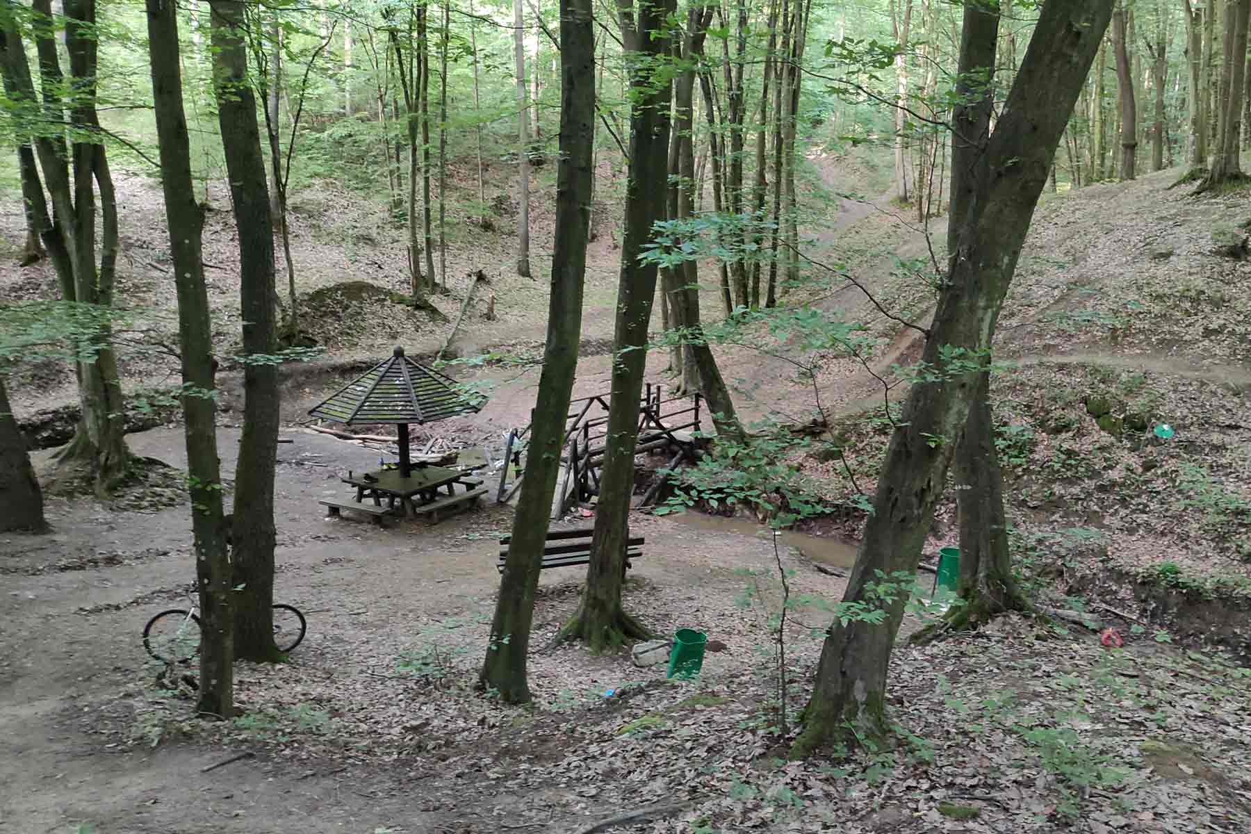 Natkrivena klupa u Lipovačkoj šumi pored potoka