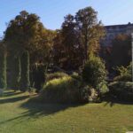 Panoramski pogled na Dino park na Kalemegdanu sa nekoliko figura dinosaurusa i stazama, sunčan dan.