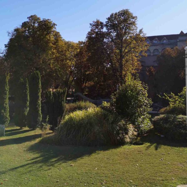Panoramski pogled na Dino park na Kalemegdanu sa nekoliko figura dinosaurusa i stazama, sunčan dan.