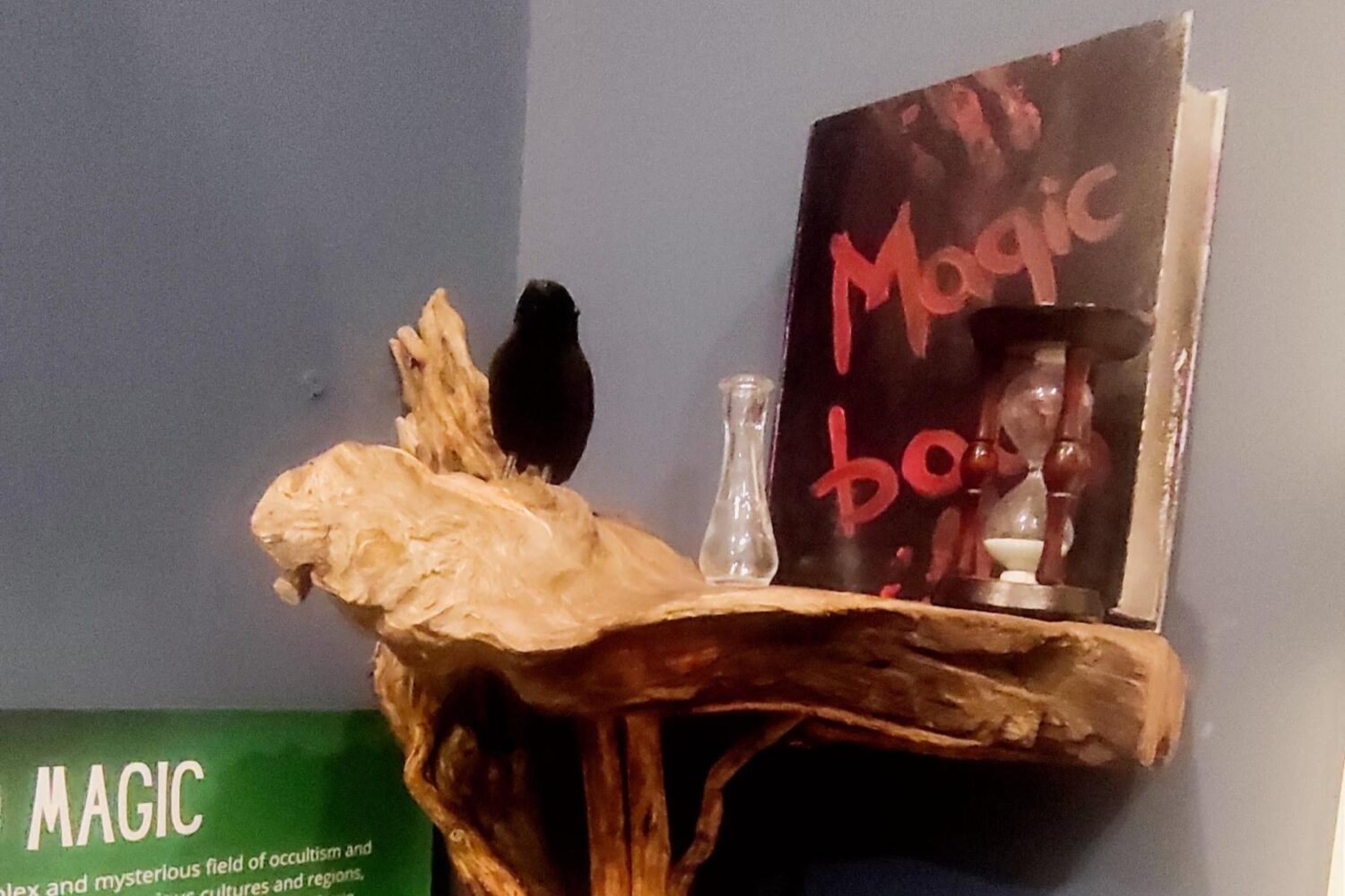 Drevna magična knjiga sa figuricom gavrana na drvenom postolju, Muzej misterije.