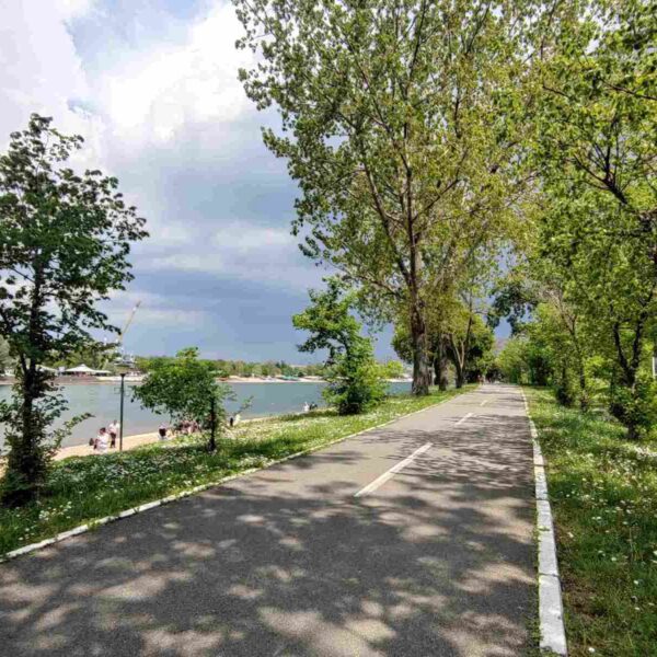 Biciklistička staza na Adi Ciganliji, okružena zelenilom, pored jezera sa bistrom vodom.