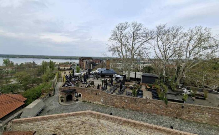 View of Kalemegdanska terasa restaurant from the fortress with the Sava–Danube confluence in the background