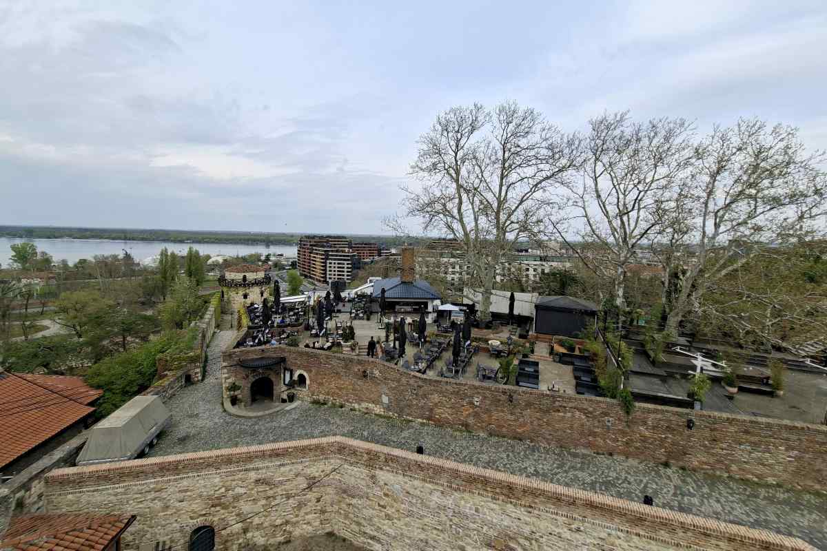 View of Kalemegdanska terasa restaurant from the fortress with the Sava–Danube confluence in the background