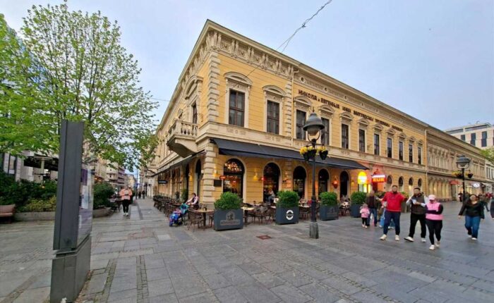 Restaurant Snežana in Knez Mihailova Street in Belgrade city center with a view of the building and pedestrian zone