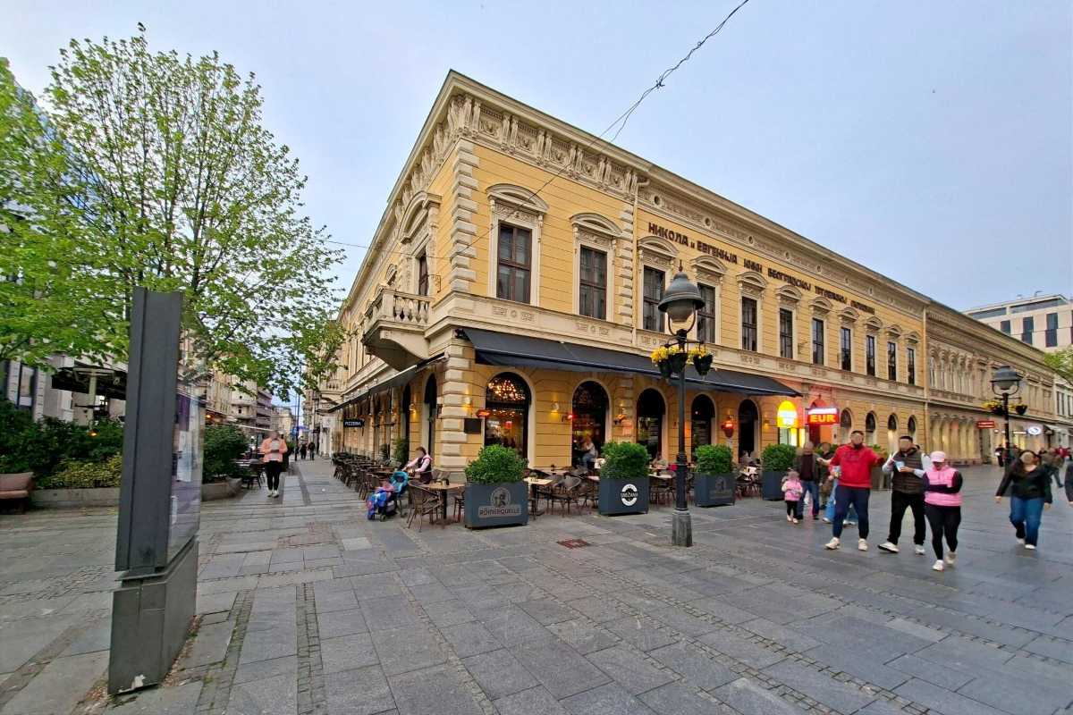 Restaurant Snežana in Knez Mihailova Street in Belgrade city center with a view of the building and pedestrian zone