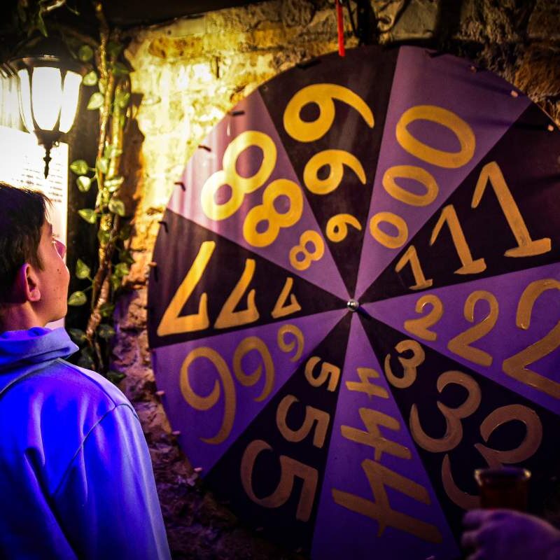Visitors observing a numerology wheel at the Paranormal Museum