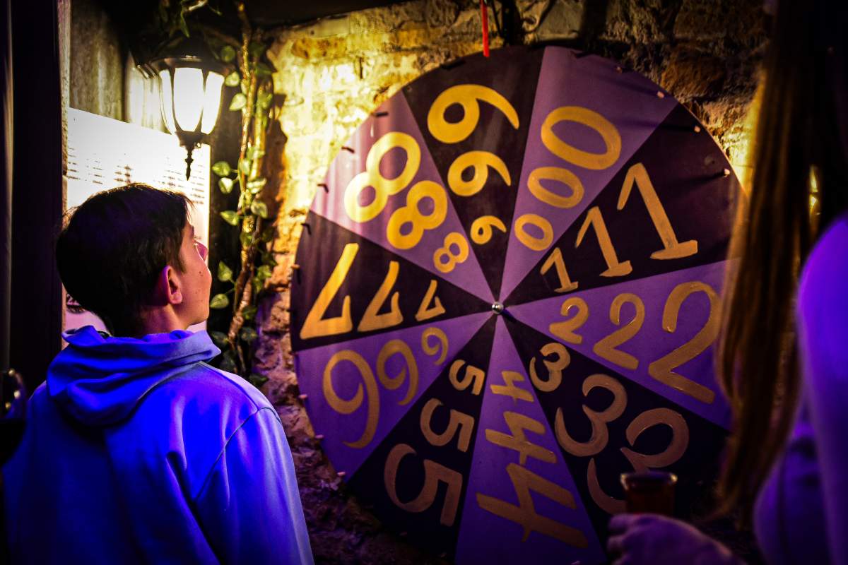 Visitors observing a numerology wheel at the Paranormal Museum