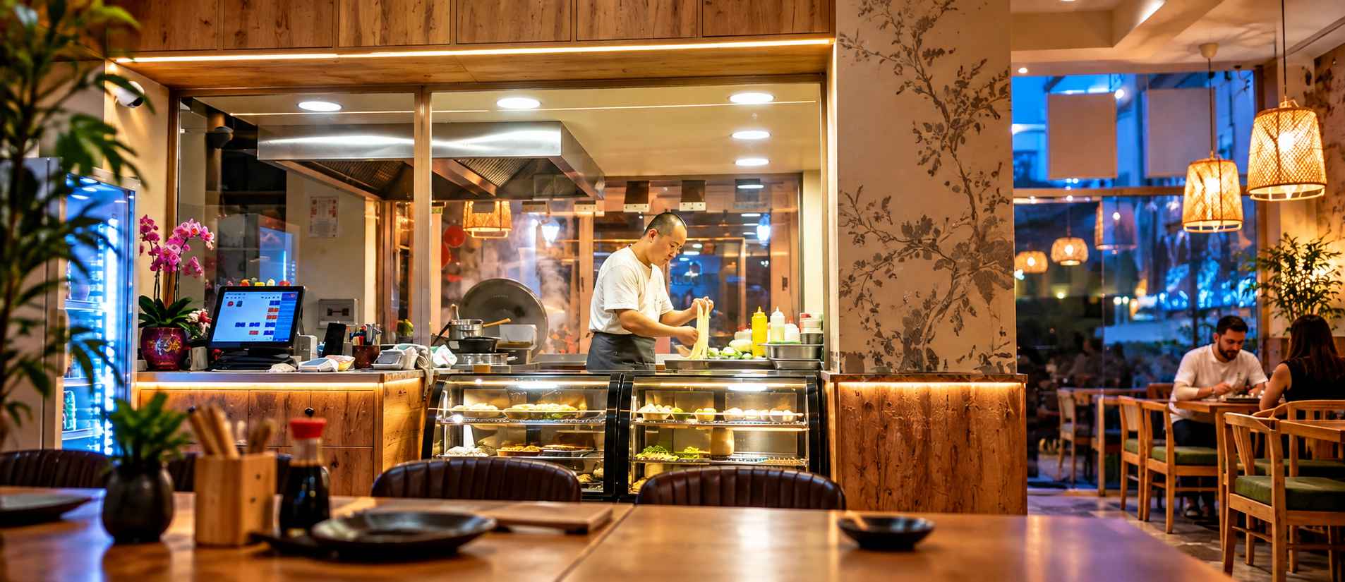 Kuvar priprema rezance u otvorenoj kuhinji internacionalnog restorana